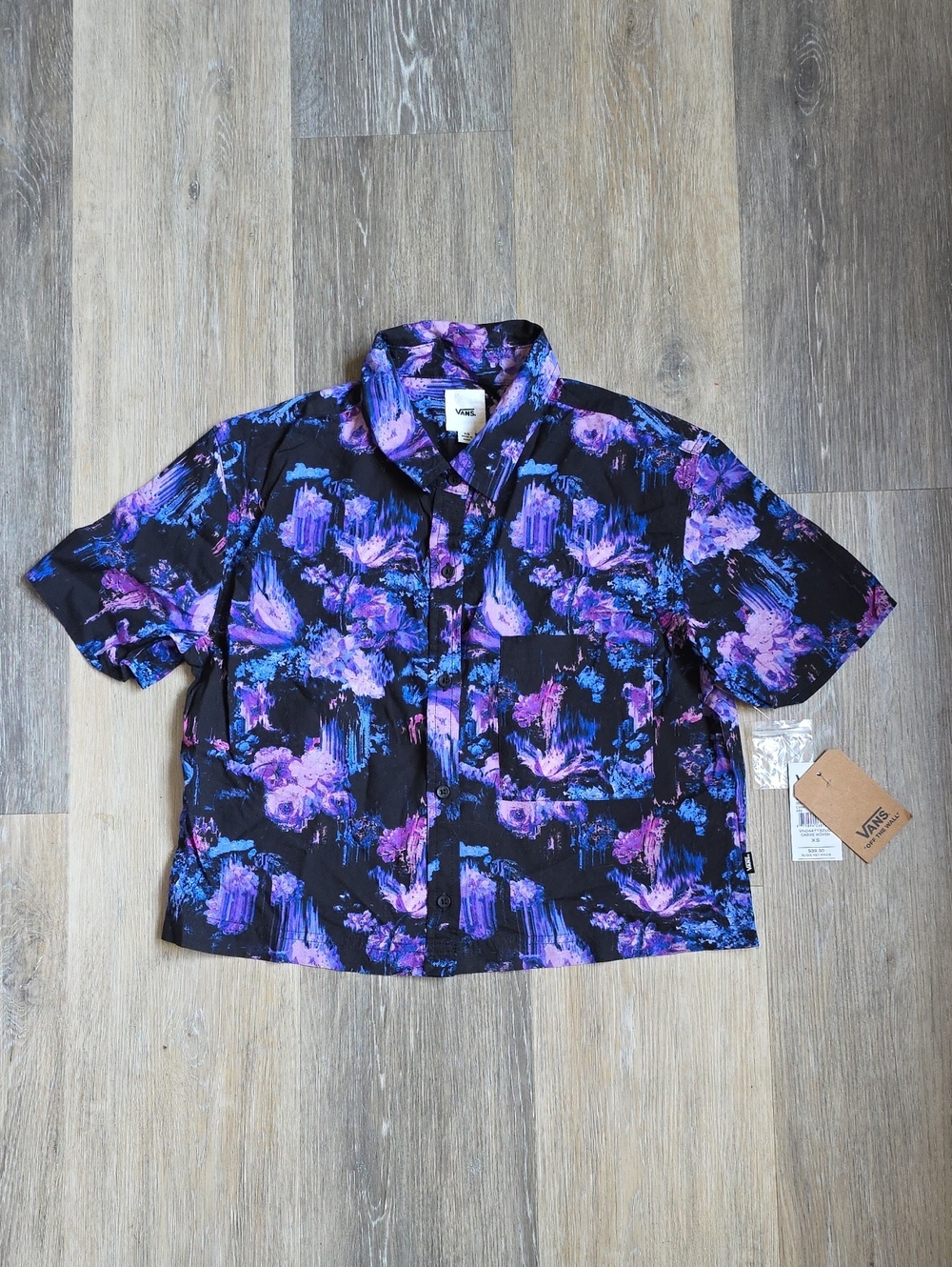 Vans Black Floral Short-Sleeve Button-Up with Purple & Blue Print
